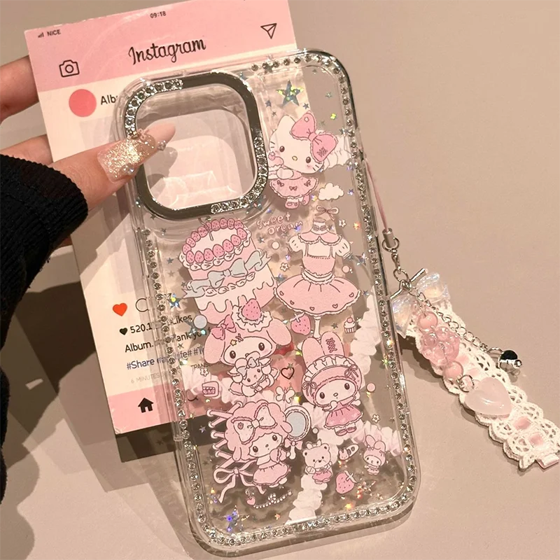 Чехол для телефона с подвеской Melody Lace Flash Diamond Frame для iPhone 16, 15, 14 Pro, 13, 12, 11 Pro Max, мягкий чехол для телефона с защитой от падения