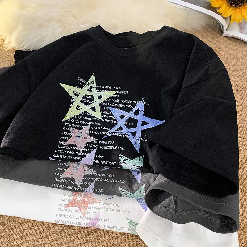 Harajuku Stars Graphic Tshirt Letter Print Short Sleeve Tees Y2k Streetwear T-shirt 2024 Summer Unisex Casual Tops