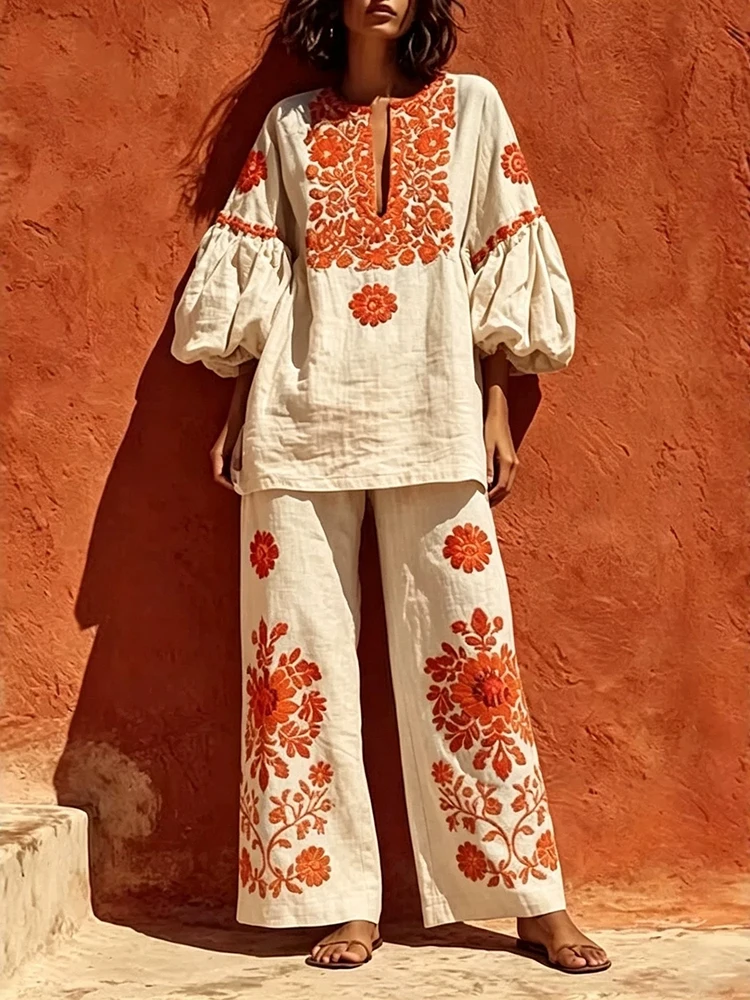 New Bohemian Vacation Style Suit Retro Printed Loose Top+Wide Leg Pants 2pc Set Spring Autumn Casual V-Neck Bubble Sleeve Outfit