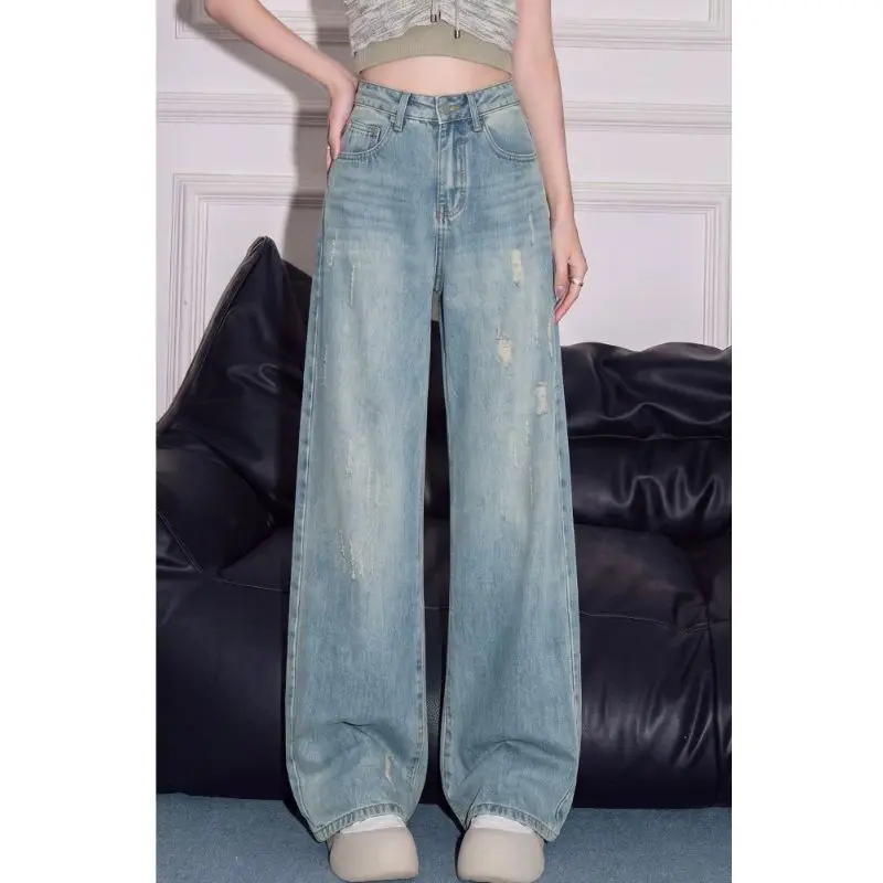 Light Wash Wide Leg Jeans Women High Waist Loose Casual Slimming Straight Floor Length Pants Spring Summer New Style