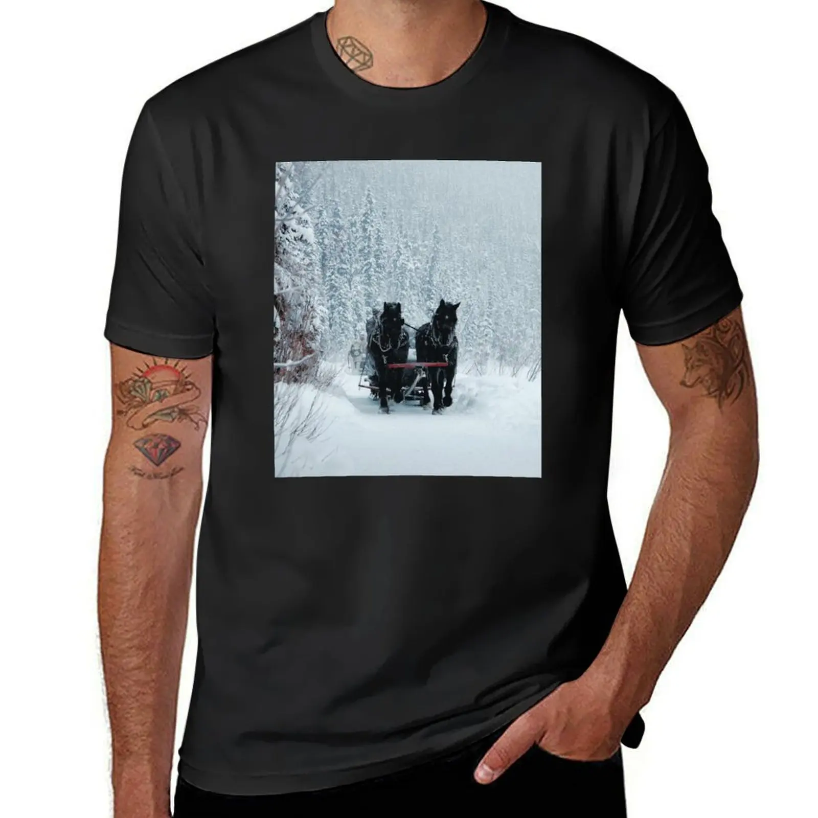 Black Horses in Snow Fall Wintermood T-Shirt boys animal print graphics oversizeds customs t shirts for men cotton