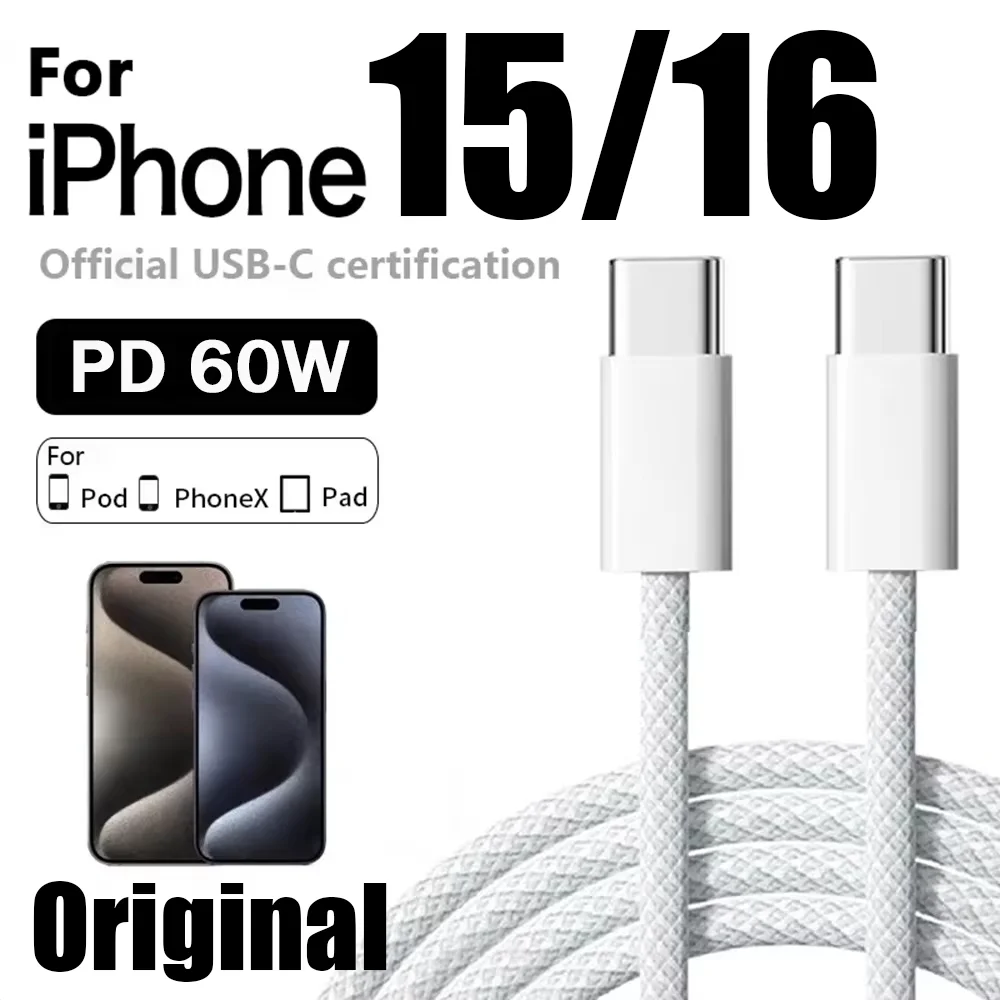 Original 60W PD USB-C to USB C Fast Charger Cable For Apple iPhone 16 Pro Max 15 Plus Type C Quick Charging For Xiaomi Samsung