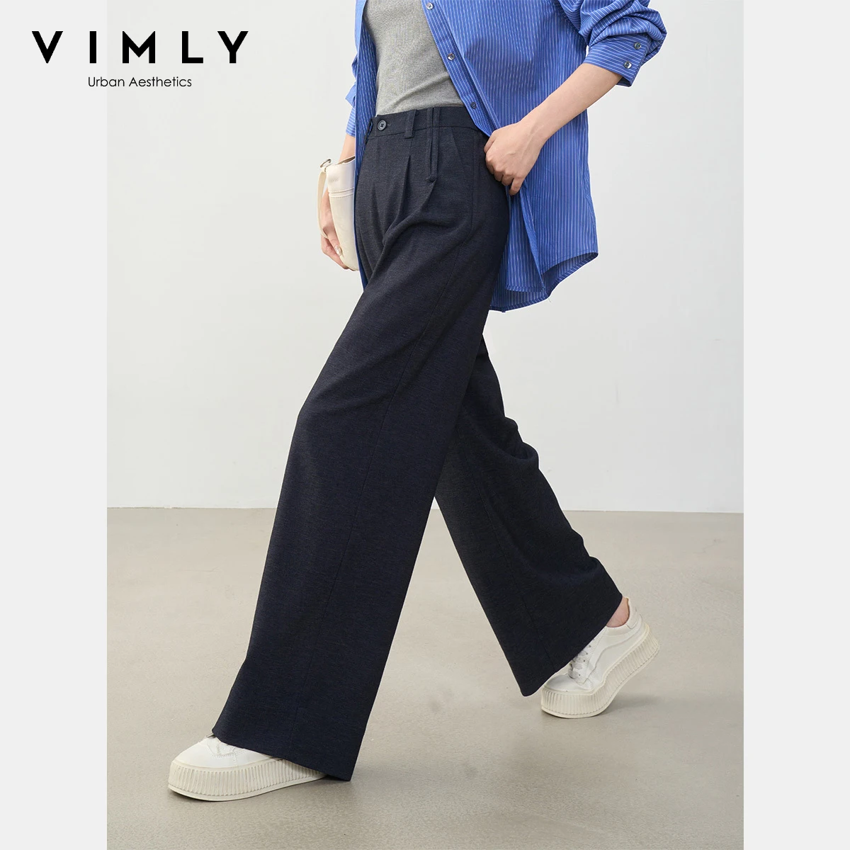 VIMLY Woman Blue Trousers Office Wear Autumn 2025 New Baggy Button Female Pants Casual  Pockets Long Pants Ropa De Mujer A0117