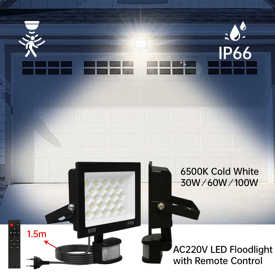 

LED Flood Light PIR Motion Sensor Floodlight EU AU UK Plug AC220V 30W 60W 100W Led Spotlight IP66 Outdoor Garden Street Lighting