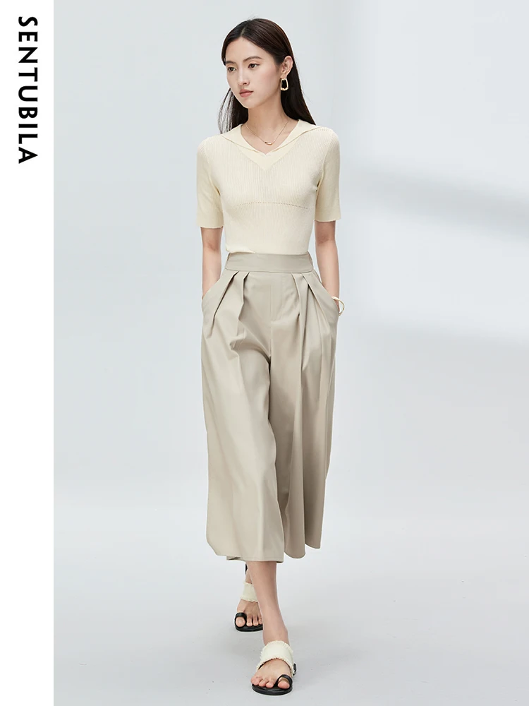 

SENTUBILA Women's Pant Skirt 2024 Summer Fashion High Waist Casual Split Hem Wide-Leg Cropped Baggy Pants With Pocket N32K49052