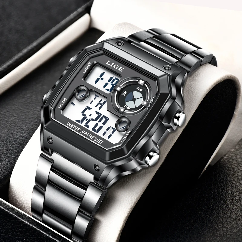 ساعة LIGE الفاخرة الإلكترونية للرجال مربعة الشكل من الفولاذ المقاوم للصدأ ساعات مضيئة للرجال كاجوال رياضية مقاومة للماء للأسبوع وساعة منبه للتاريخ