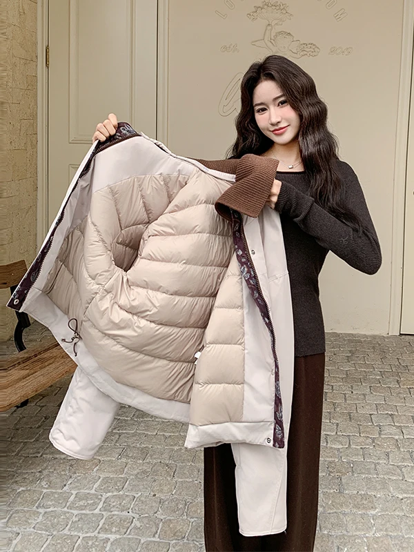 เสื้อพาร์กาผู้หญิงแบบลำลอง ถักลายปะติด  บุขนเป็ด  สำหรับฤดูหนาว  แบบมีซิป  ลายดอกไม้