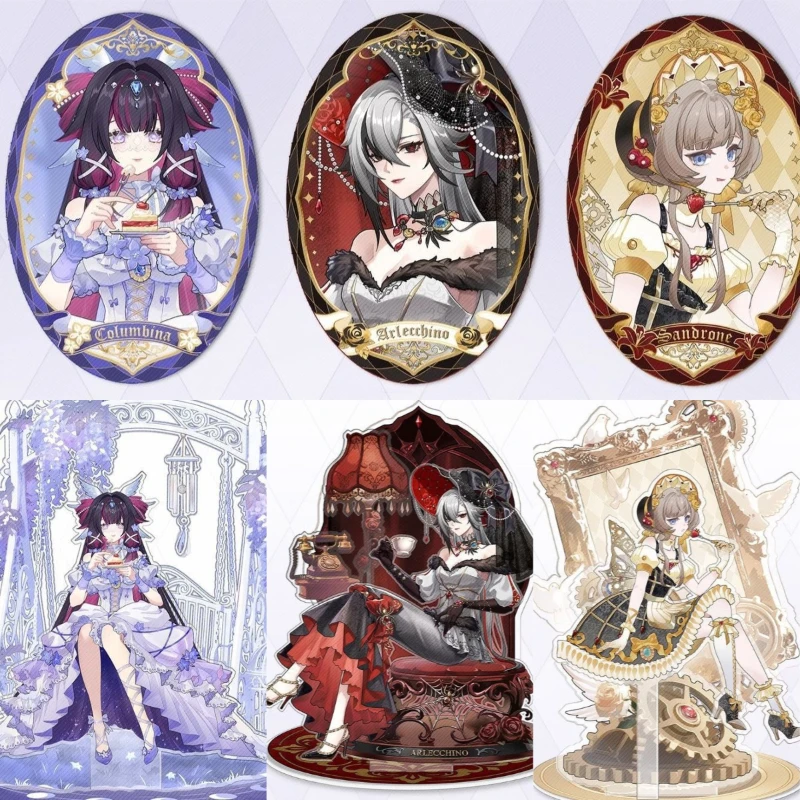 Game Peripheral Yuanshen Acrylic Standee Anime Columbina Arlecchino Desktop Model Sandrone Oval Badge Display Signboard Keychain