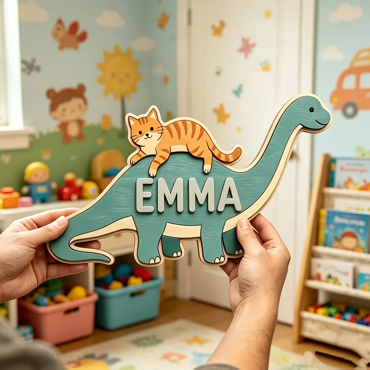 Personalized Cat Riding Dinosaur Name Room Sign, Customizable Cute Cartoon Wooden Plaque, Nursery Bedroom Decor, Sweet Gift - view 3