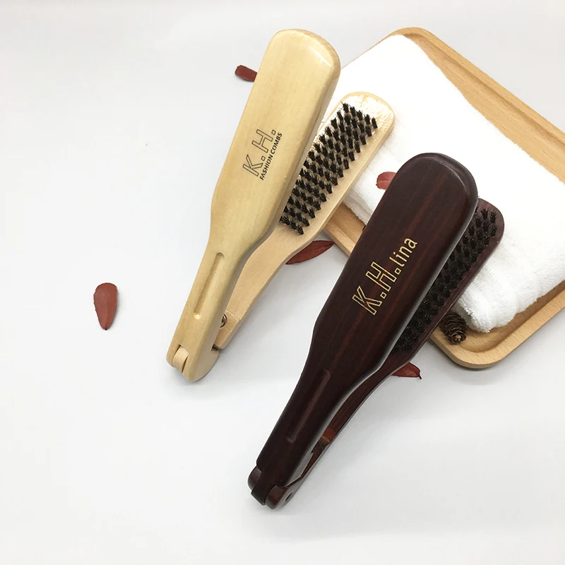 Wood V Folded Hair Straightener Irons Boar Bristles Clamp No Electric Detangler Hair Brush Hairs Styling Tool Double Side