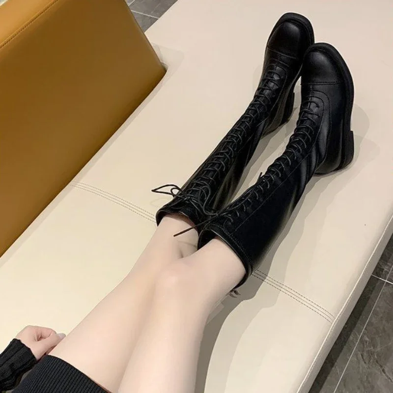 Footwear Elegant with Low Heels Ladies Boots Lace-up Shoes for Women Laces Black 2024 New Waterproof Winter Novelty Hot Fashion