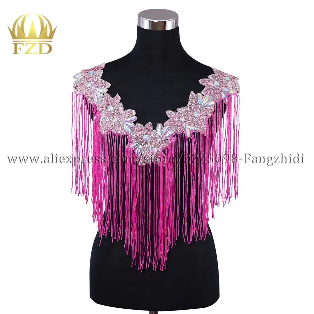 FZD 1 Piece Tassel Gold Bead clothing Beads Fringe Rhinestone Applique Patches with Gauze for Wedding Dress stickers for clothes