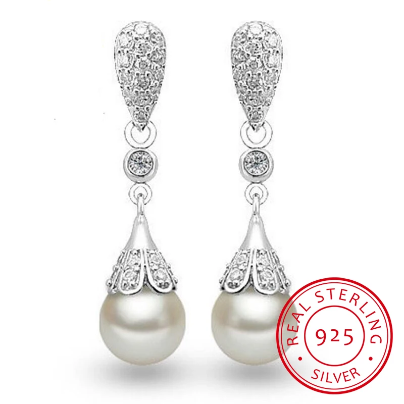 Silver color Pearl Jewelry natural freshwater pearl drop earrings for women Silver Wedding Dangle Earring