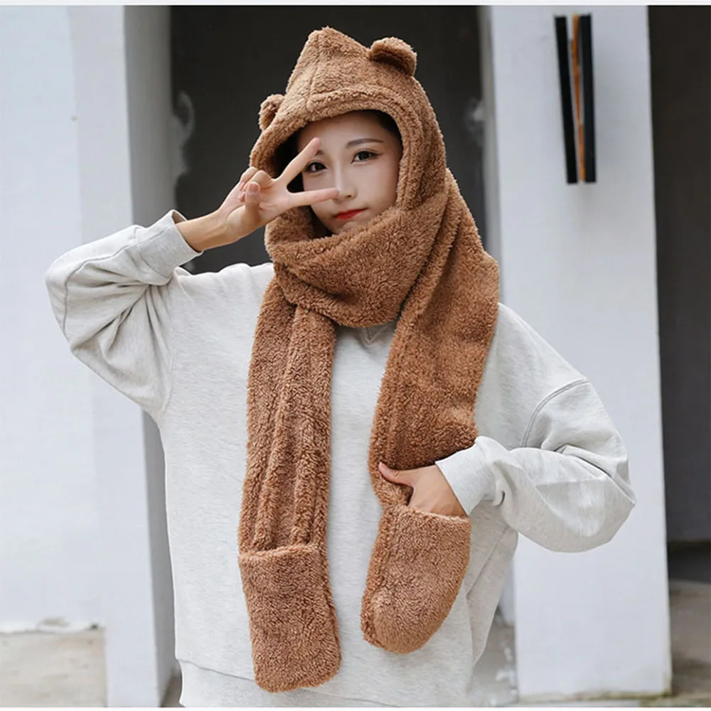 Girl\'s Warm Accessories Cute Bear Ears Warm Double Thick Autumn And Winter Women\'s Hat Scarf Gloves Three Sets In One