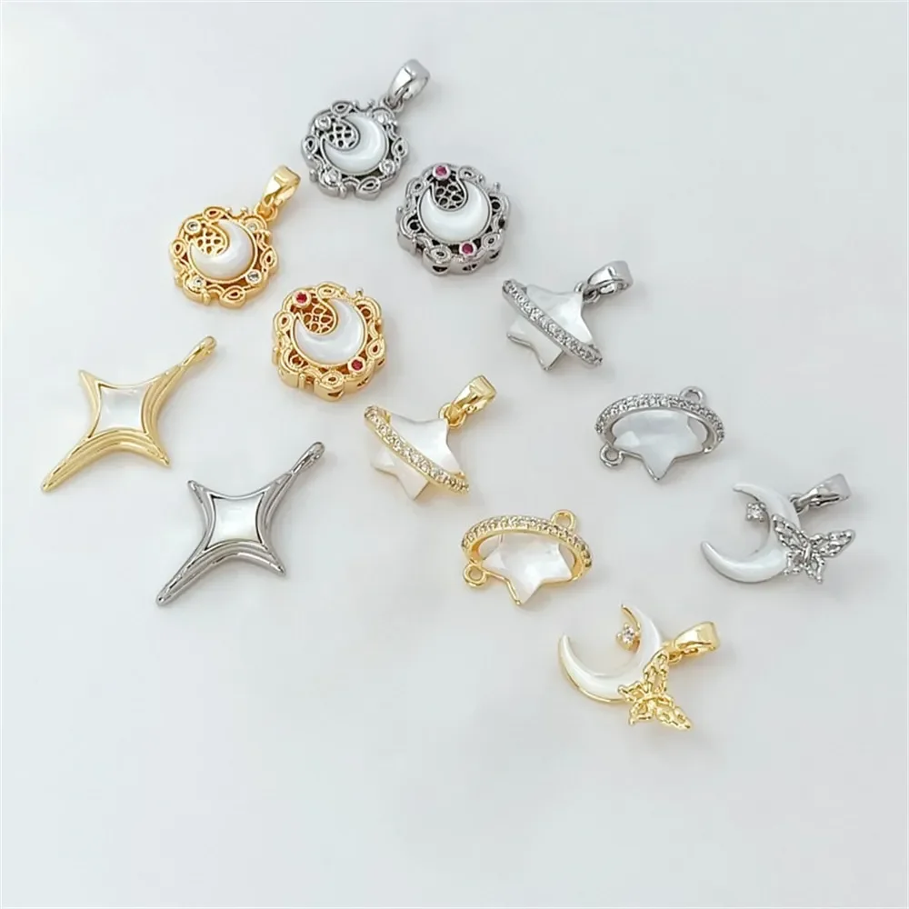 

18K Gold-plated, Zirconium-inlaid, Mother-of-pearl, Star, Moon and Saturn Pendant, Handcrafted Diy High-quality Accessory