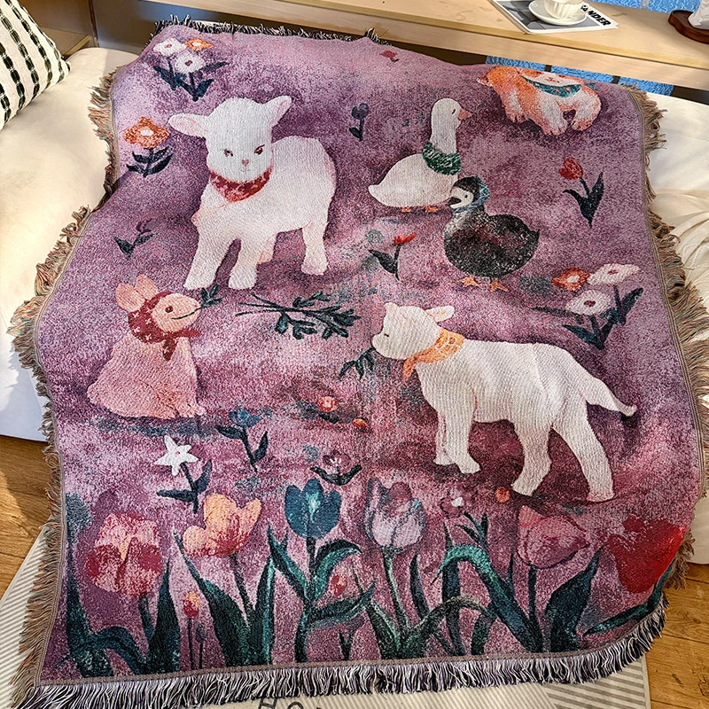 

Purple Cartoon Tassel Sofa Cover Blanket Woven Throw for Couch Art Tapestry Wall Hanging Home Decor Bedspread Outdoor Picnic Mat