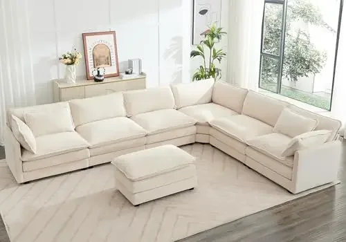 150'' Modular Sectional Cloud Couch, 7 Seater Corner Sofa Big Comfy Corduroy V Shaped Couch with 4 Throw Pillows