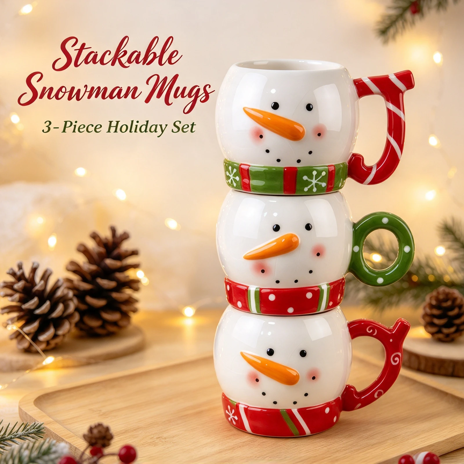 Creative Ceramic Snowman Mugs Stackable, 3D Funny Face Coffee Tea, Cup Christmas Kitchen Home Holiday, Party Gift Set Decor