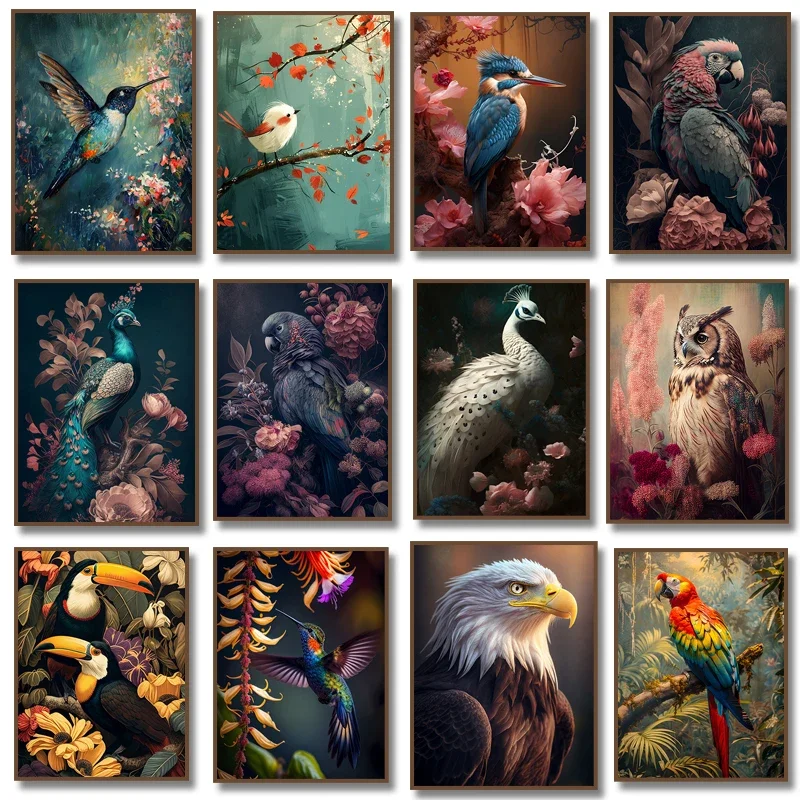 Jungle Bird Wall Art Canvas Painting Peacock Hummingbird Parrot Toucan Owl Poster Prints Animal in Flowers Picture Home Decor