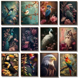 Jungle Bird Wall Art Canvas Painting Peacock Hummingbird Parrot Toucan Owl Poster Prints Animal in Flowers Picture Home Decor