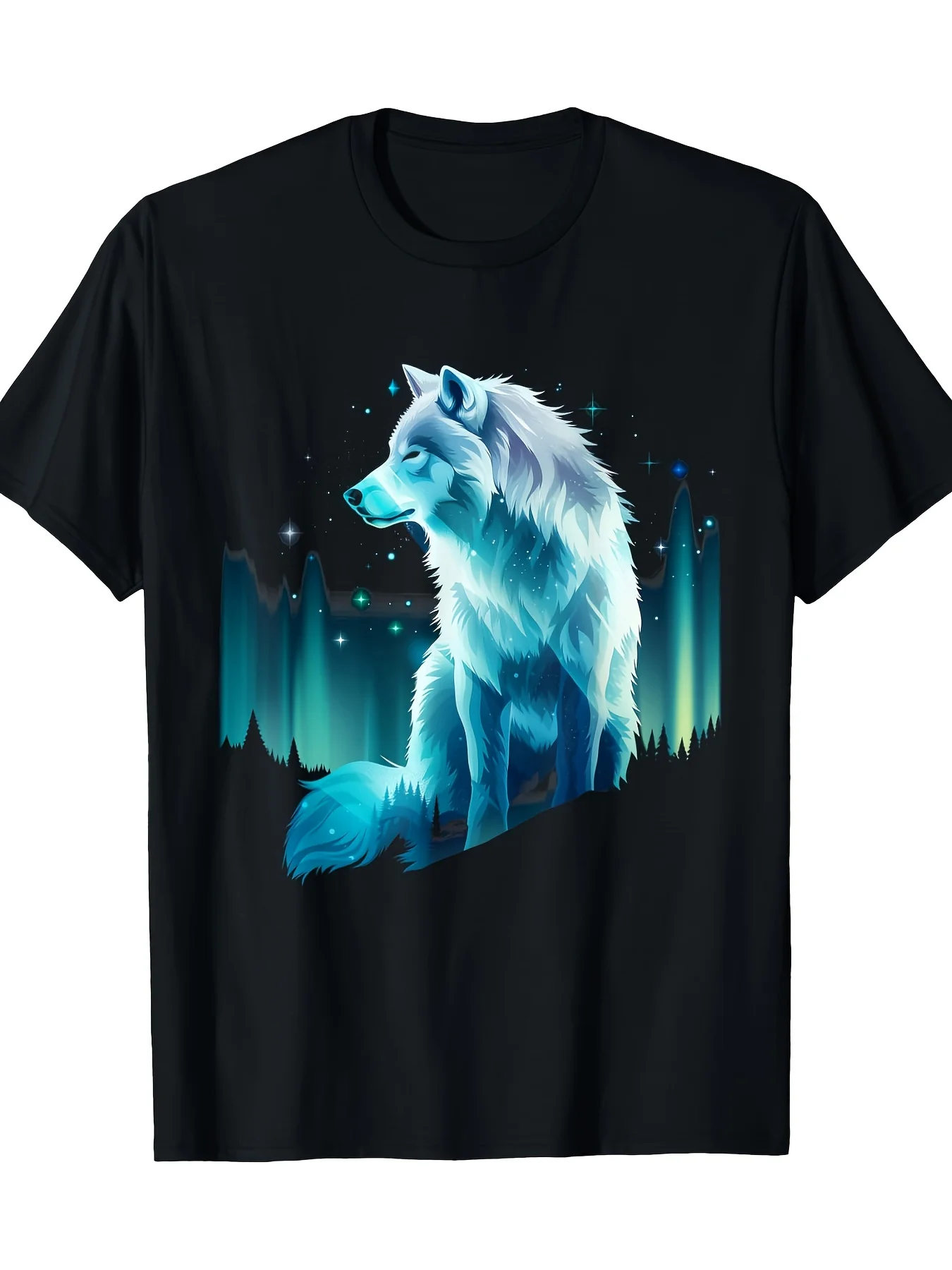 Men's Northern Lights and White Wolf Pattern T-Shirt - Loose Fit T-Shirt with Mysterious Aurora and Wolf Print, Breathable Round Neck Short Sleeves, Suitable for Outdoor and Casual Wear in All Seasons, Plus Size