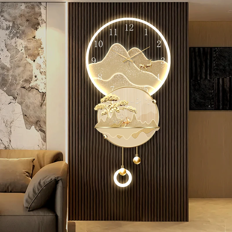 Light luxury high-end entrance decoration painting with clock creativity, living room clock mural, 3D light painting