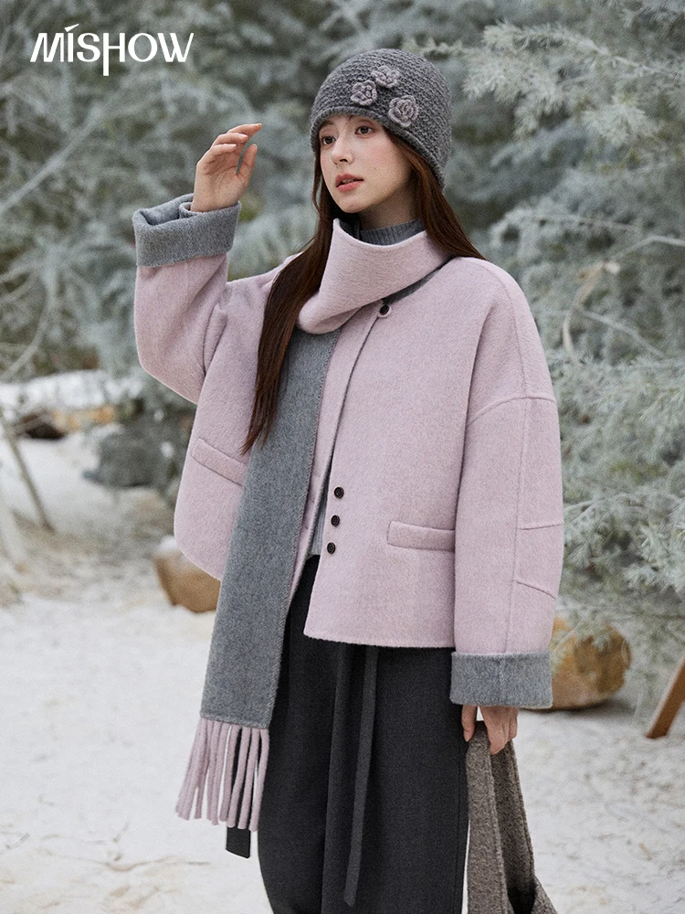 MISHOW Women's Tweed Wool Double-Faced Short Coat with Scarf 2025 Winter Loose Warm Outerwear O-neck Coat Office Lady MXE86W0977