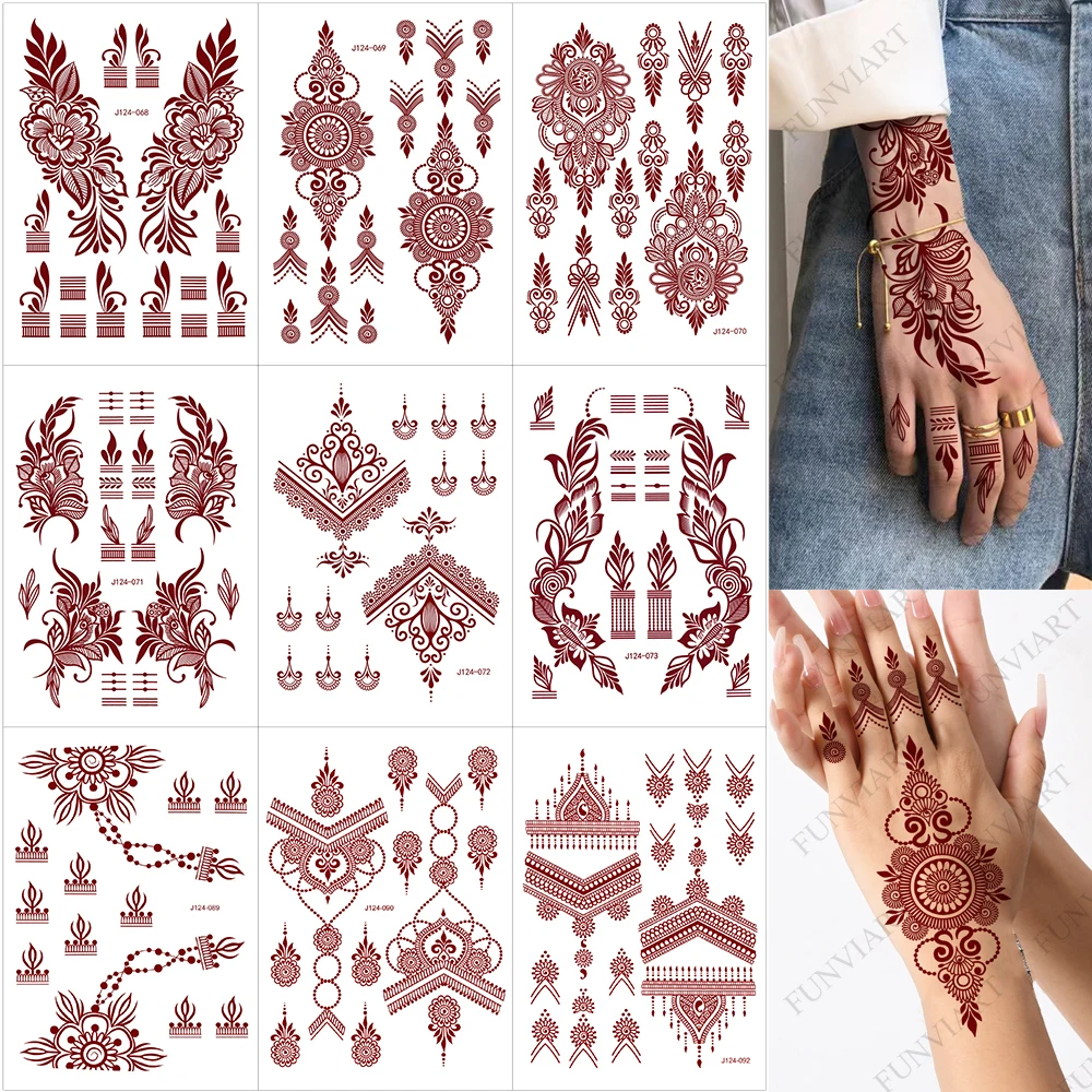 

9 листов временные татуировки хной для женщин, бордовый цветок, лист, хна, татуировки на руку, наклейки, подходят для свадебного фестиваля, боди-арта