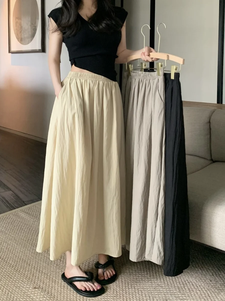 

High Waist plus Size Pure Color A-Line Skirt Korean Sle Versatile f-length Summer Women's Clothing for Heavy Girls