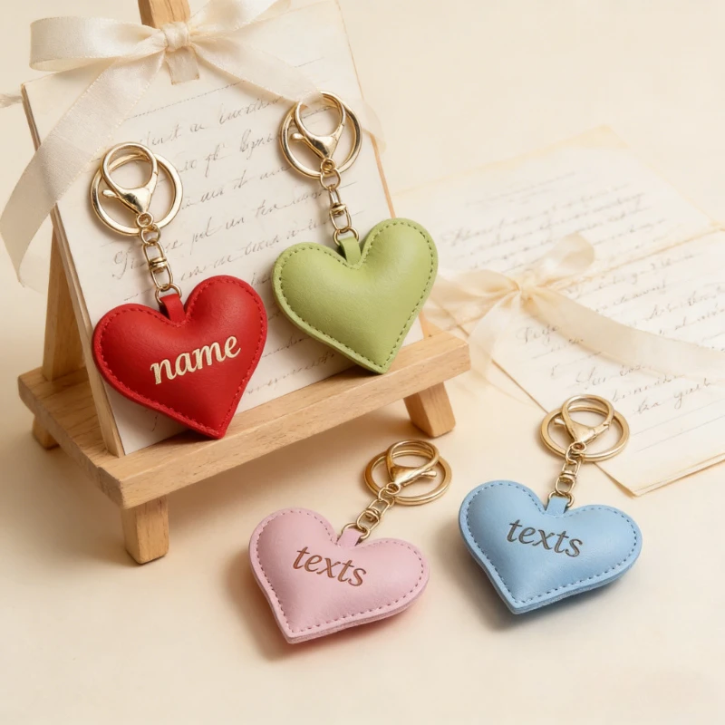 Personalize Name Leather Heart Shape Keychain Lanyard Laser Custom Logo Bag Pendant Car Key Chain Ring Lover Couple Keyring Gift