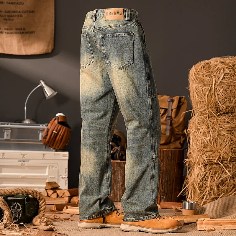 Retro vintage loose straight leg jeans for men's street fashion trend Korean version high-end wide leg pants