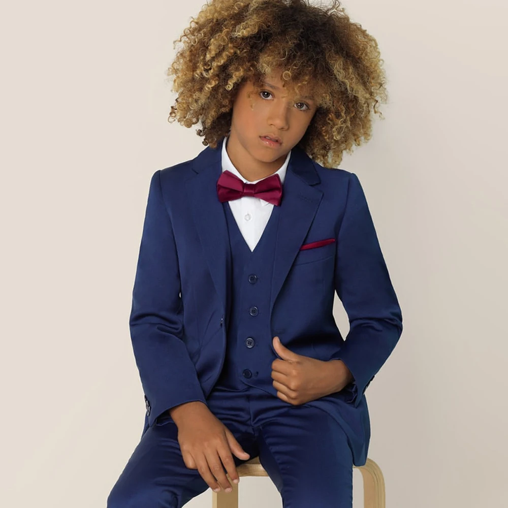 

Синие детские костюмы на свадьбу, однобортные однобортные детские костюмы с лацканами, высококачественная однотонная одежда для мальчиков
