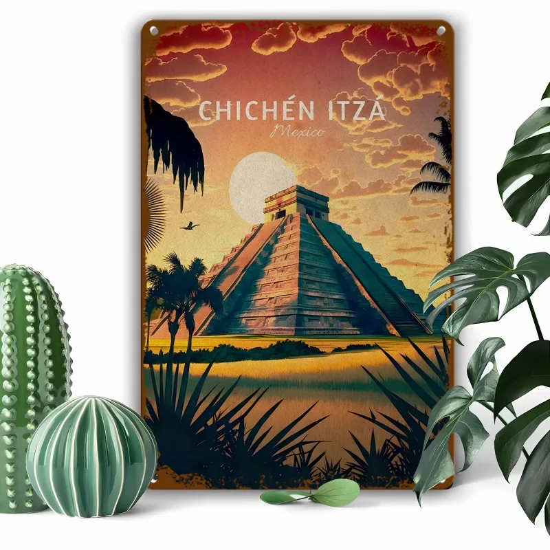 

Chichen Itza Mexico Vintage Metal Sign, Aluminum Wall Hanging Yard Sign, Multipurpose Retro Pyramid Art Poster