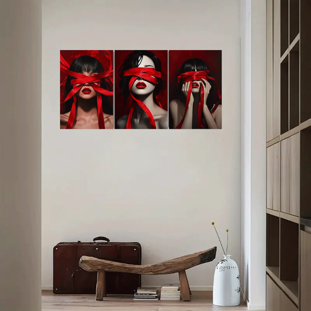 （NoFranme 3PCS）-3pcs Canvas Art Set - Striking Modern Abstract Women with Red Ribbons, Chic Black Hair & Red Lips, Unframed W