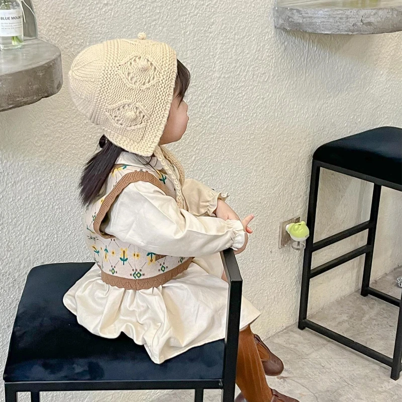 Sombrero bordado de flores para bebé, gorro de lana de punto para bebé, sombrero de corte de princesa para niños, otoño e invierno, 3-6-9 meses