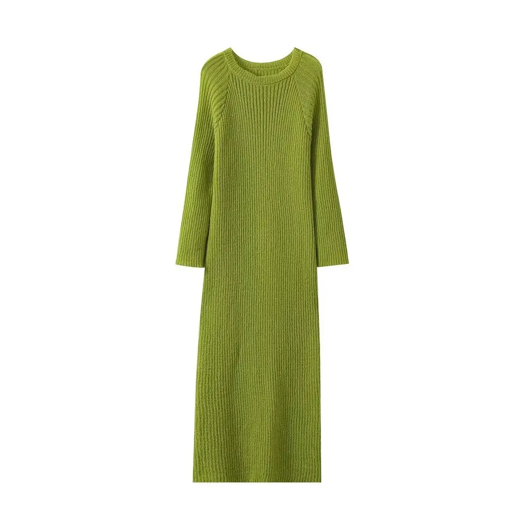 Elegant Green Slim Knitted Maxi Dress Women 2024 Autumn Winter Fashion Long Sleeve Sweater Dresses Lady Party Club Streetwear