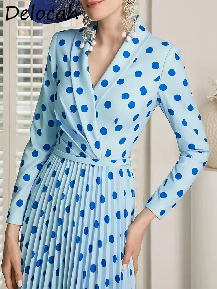 Delocah French Polka Dot Blue Pleated Dress Female Long-sleeved Elegent Retro V-neck Niche Slim New Long Dress