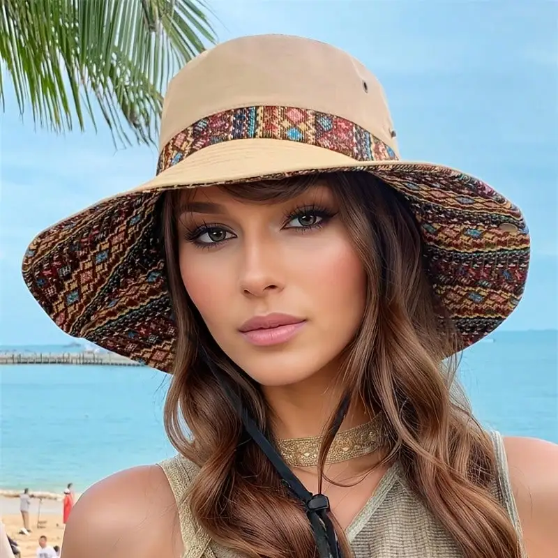 

[Bohemian Sun Hat] 2-Way Adjustable Women's Bohemian Embroidered Sun Hat | Wide Brim Windproof Fisherman Hat With Vibrant Geometric Patterns - All-Season Outdoor Travel & Hiking Accessory