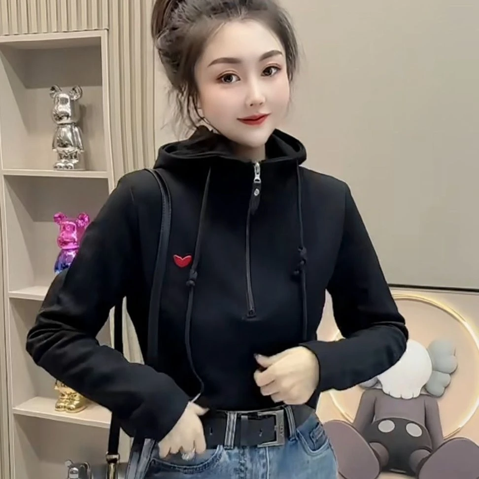 Women Half Zip Hoodie Heart Embroidery Sweatshirt Long Sleeve Autumn Winter Casual Pullover Streetwear Tops