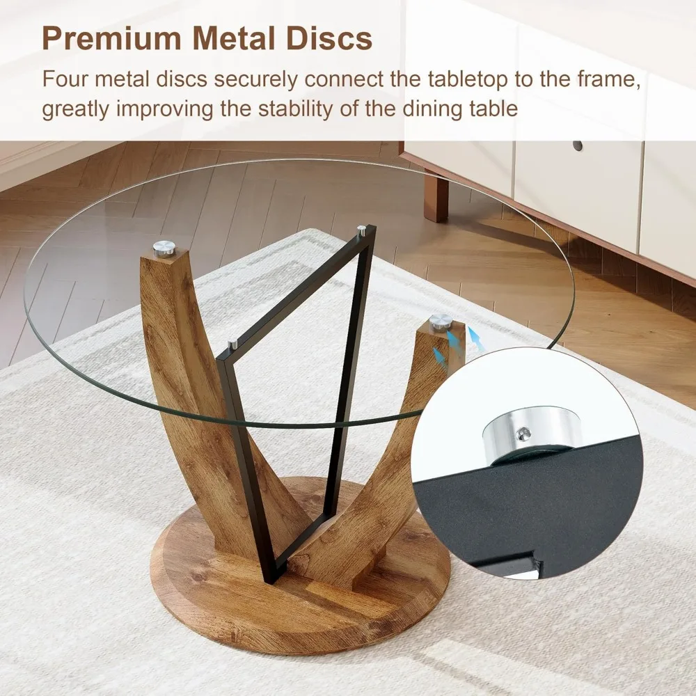 طقم طاولة طعام زجاجية مستديرة مقاس 48 بوصة مع 4 كراسي بنية وقاعدة خشبية للمطبخ