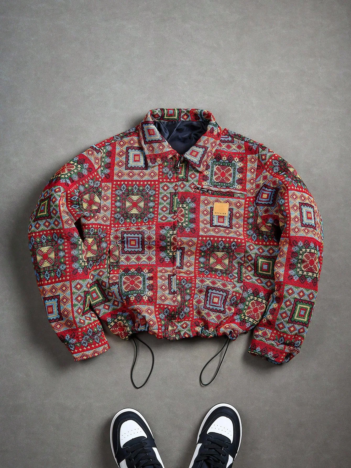 Men Geometric Jacquard Lapel Jacket, Zipper Closure With Hem Drawstring, Vintage Colorful Checker Pattern, Textured Fabric, Loose Casual Coat for Autumn Winter Daily Wear