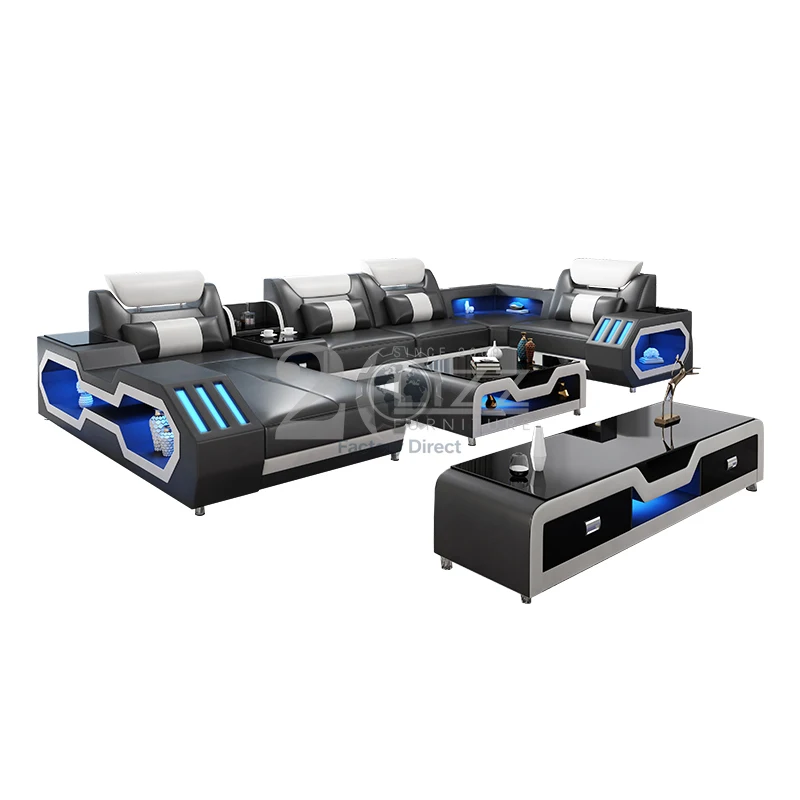 

Modern Design Leather Couch Sectional Living Room Sofa Set Furniture with LED