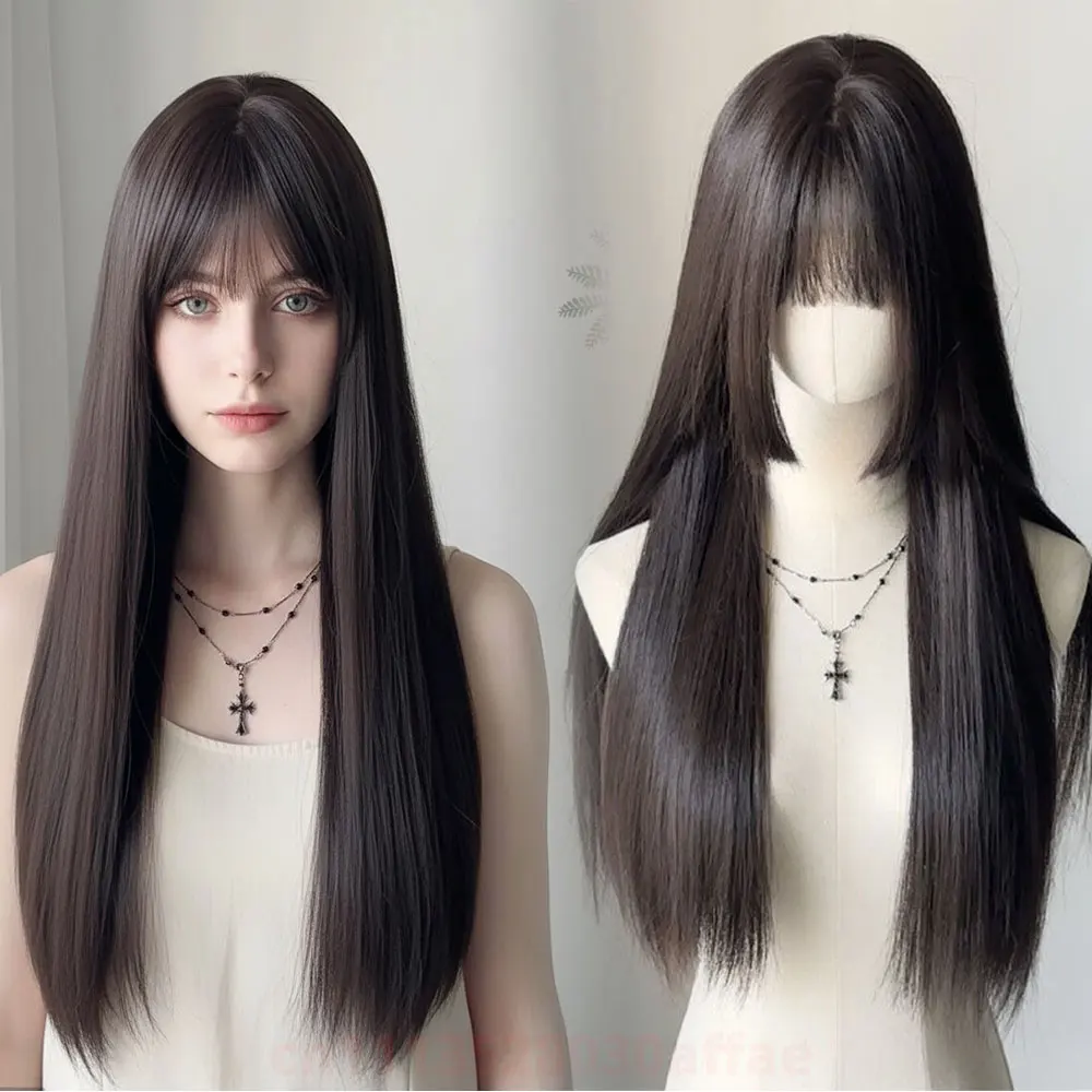 Long Layered Straight Hair Wig for Women Heat Resistant Synthetic Wigs with Bangs aily Party Use Lolita High Temperature Wig