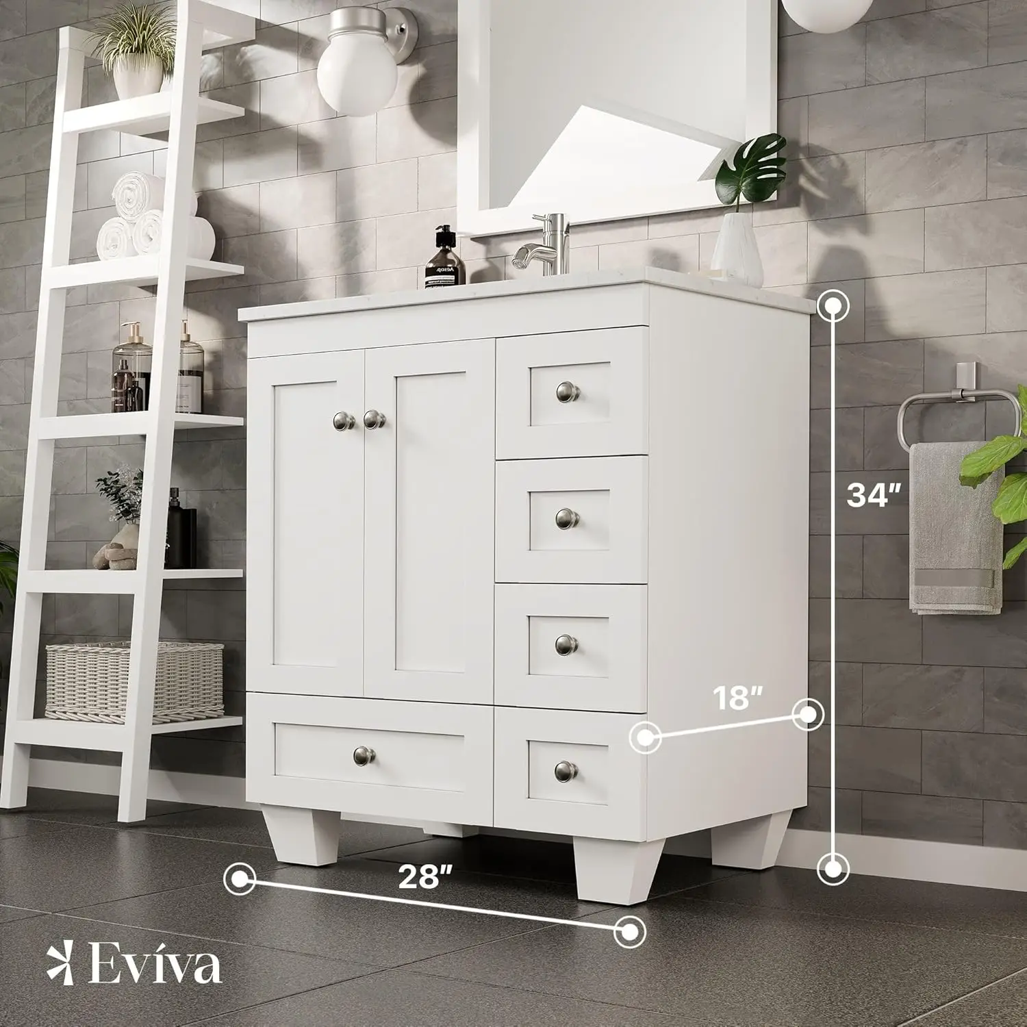 Modern Freestanding Bathroom Vanities - Solid Wood White 28 Inch Bathroom Vanity with Sink/Free-Standing Bathroom Vanity Cabinet