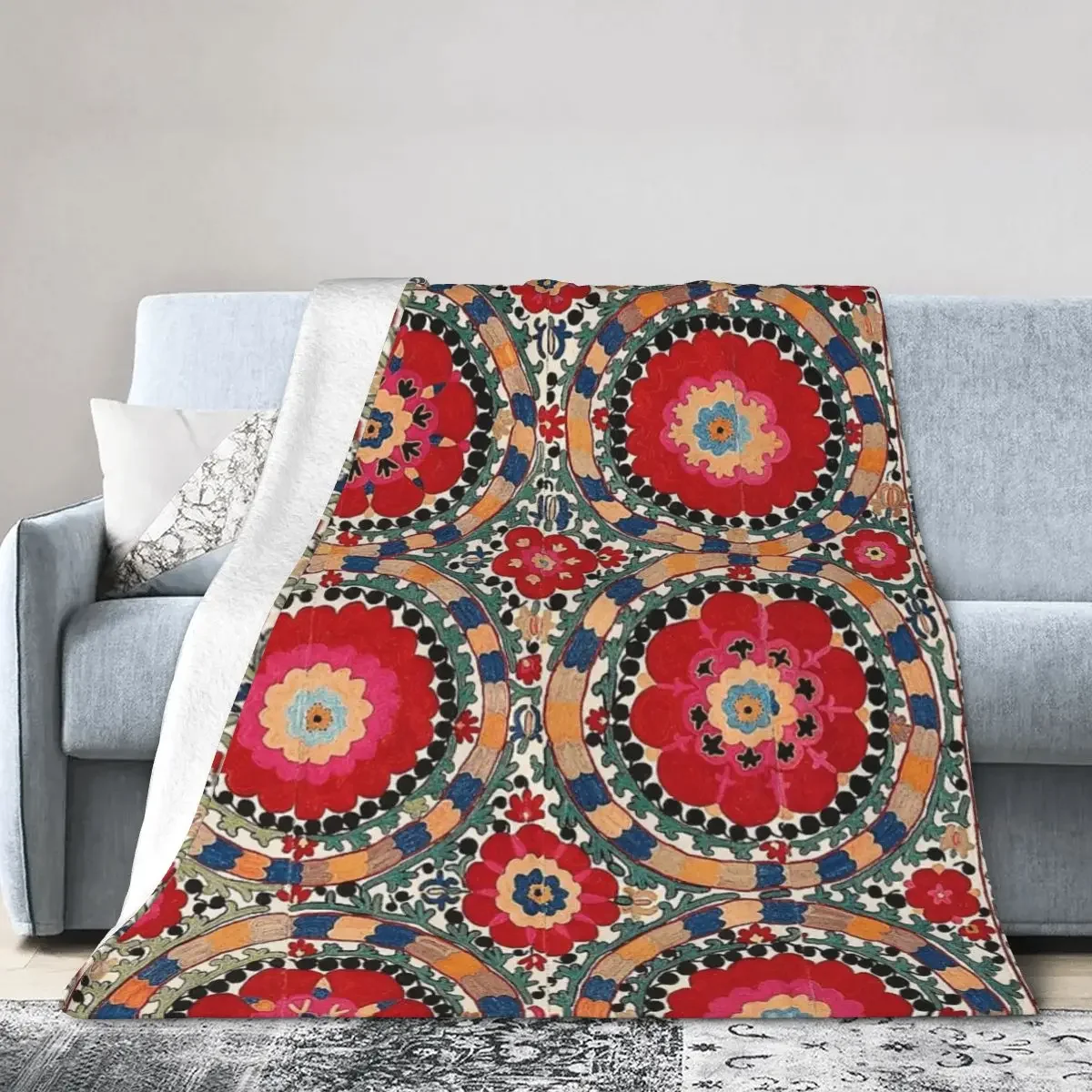 

Karabag Suzani Uzbekistan Embroidery Print Blanket Soft Warm Flannel Throw Blanket Cover for Bed Living room Picnic Travel Home