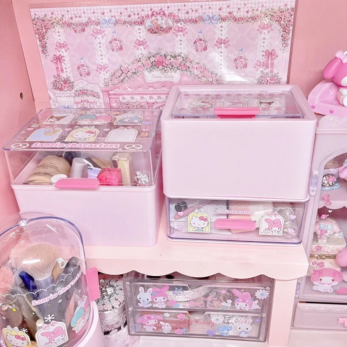 MINISO Sanrio My Melody Cartoon Cute Classifiable Dustproof Storage Drawer Makeup Brush Storage Lipstick Storage Box Girls Gift