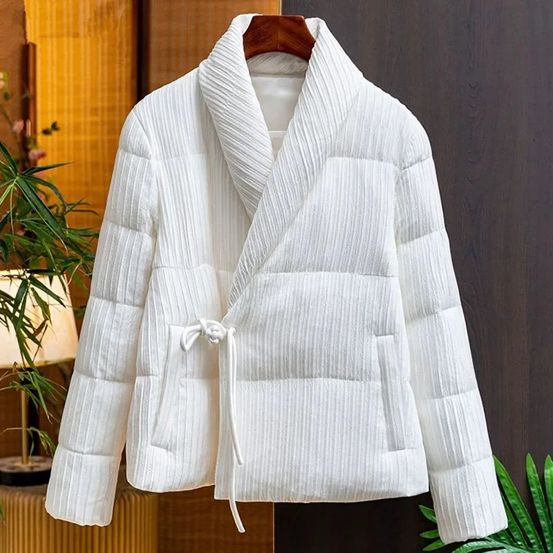 여성용 흰색 짧은 코트 중국 스타일 V넥 다운 코튼 패딩 재킷 겨울 신상 탑 우아하고 고급스러운 캐주얼 두꺼운 아우터 여성