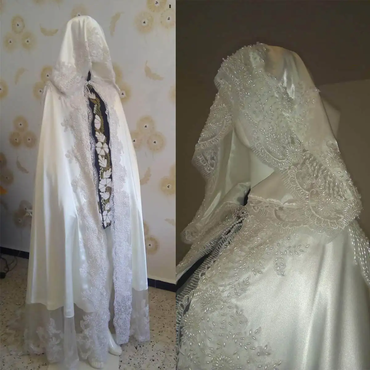 

Luxury Hooded Long Wraps Cape Robes Beaded Lace Appliques Women Wedding Halloween Costume Wicca Robe Cosplay Customized