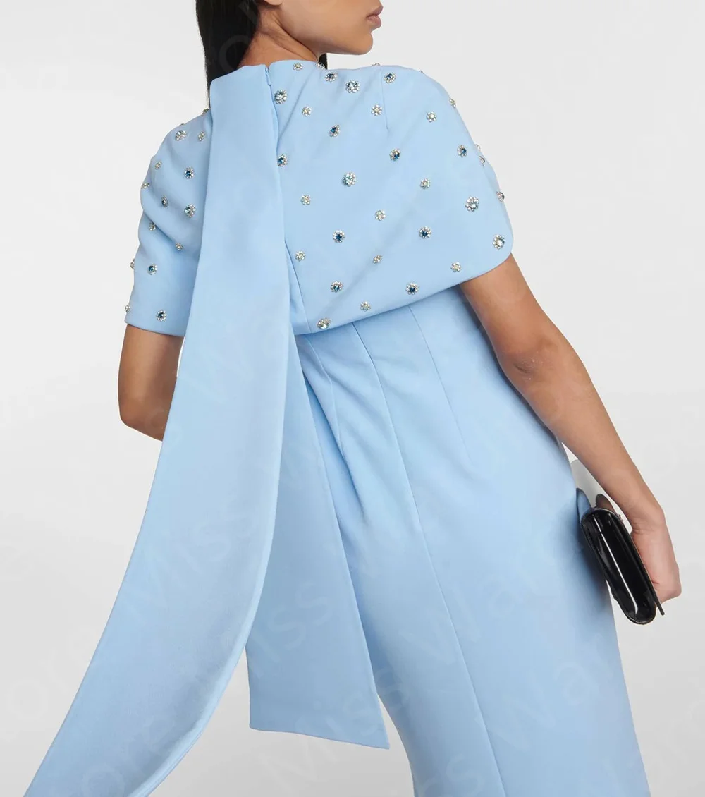 New Modest Sky Blue Evening Dresses Short Sleeves Prom Party Gowns High Neck 2024 Beaded Wedding Guest Dresses Arabic On Sale