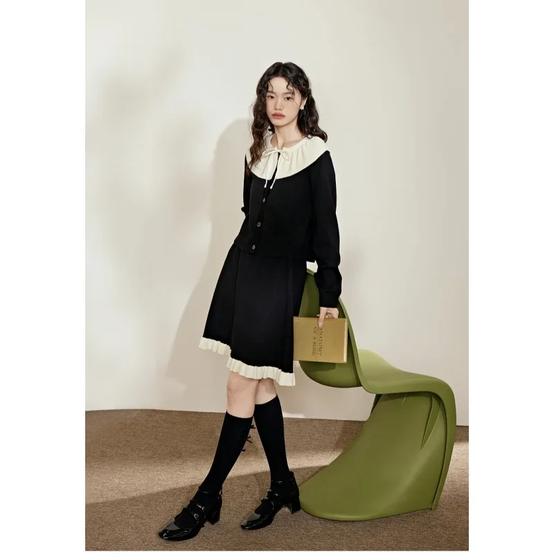 Women French Ruffle Collar Knit Two Piece Set Long Sleeve Cardigan And Skirt Casual Outfit For Early Spring